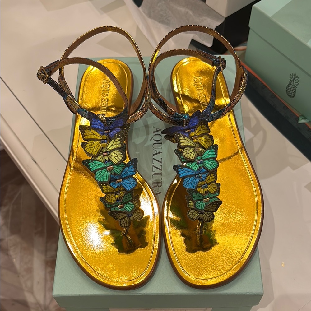 Aquazzura Gold papillon sandal with Turquoise Embellishments butterflies